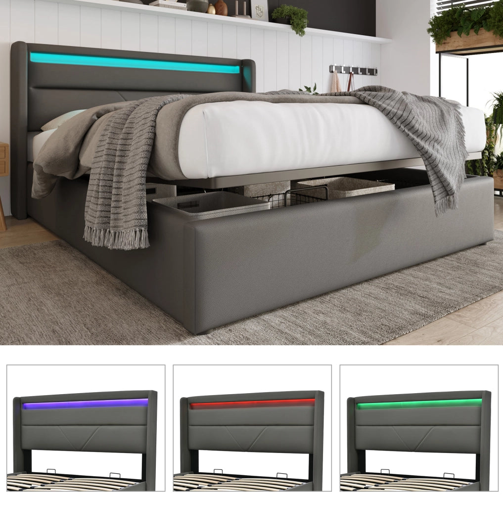 Letto matrimoniale contenitore 140x200 cm in PU grigio con testiera LED e rete sollevabile