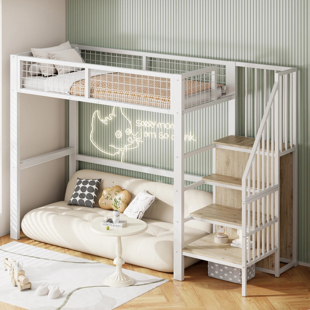 Letto a soppalco 90x200 cm bianco in metallo con scala e armadio
