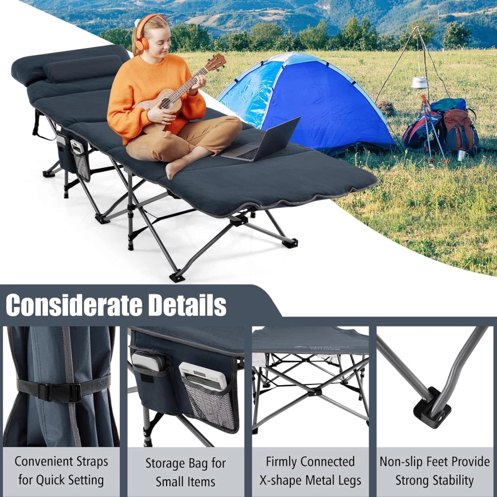 Lettino da campeggio pieghevole 190 x 67 x 50 cm, letto da campeggio con materasso rimovibile e cuscino, lettino da campeggio con borsa per il trasporto, antiscivolo, campeggio, viaggi