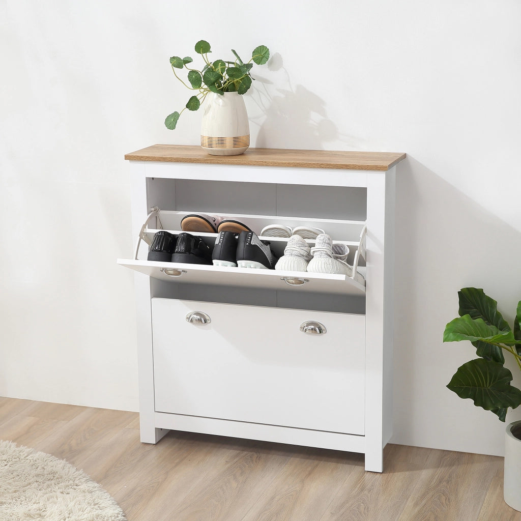 Scarpiera 2 Cassetti a Ribalta con Ripiano Regolabile ¨C Zephmum ¨C 79x23x90.5 cm, Bianco