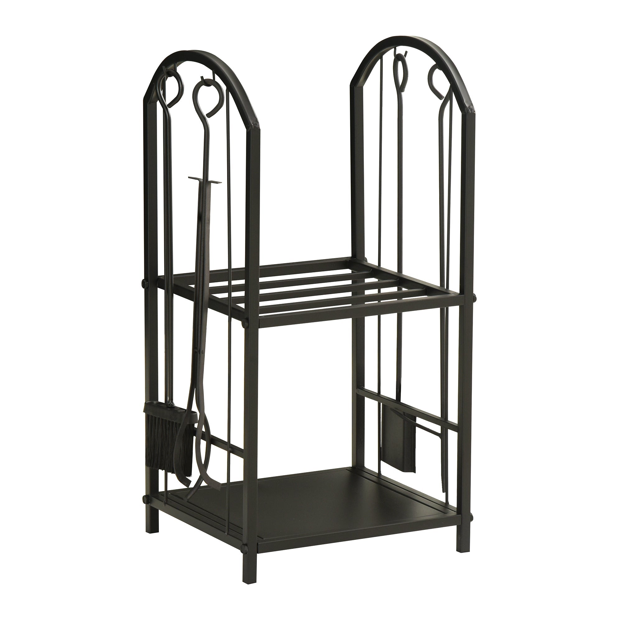 Portalegna per Camino Legnaia a 2 ripiani in Metallo 41,5x32,5x74,5 cm Max 60Kg con attrezzi Nero