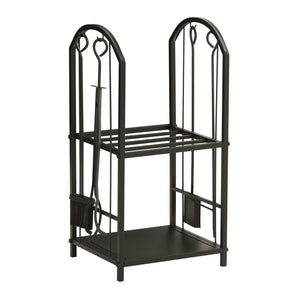 Portalegna per Camino Legnaia a 2 ripiani in Metallo 41,5x32,5x74,5 cm Max 60Kg con attrezzi Nero