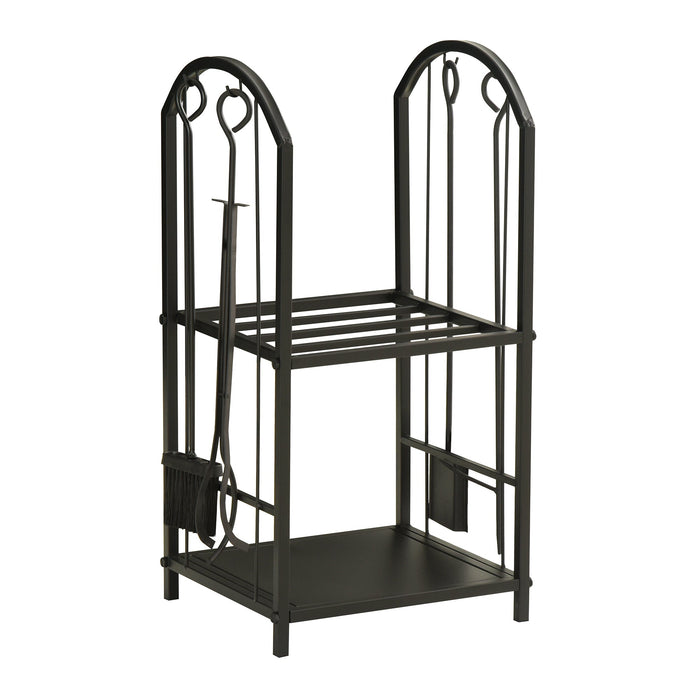 Portalegna per Camino Legnaia a 2 ripiani in Metallo 41,5x32,5x74,5 cm Max 60Kg con attrezzi Nero