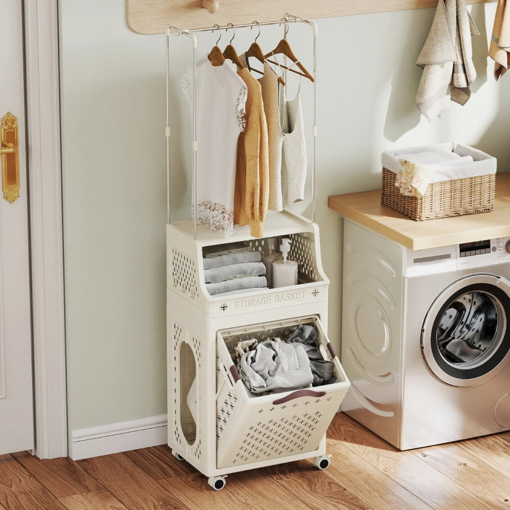 Cesto portabiancheria con ruote mentre plastica multistrato-Cesti del bucato con ruote ganci e contenitore Beige