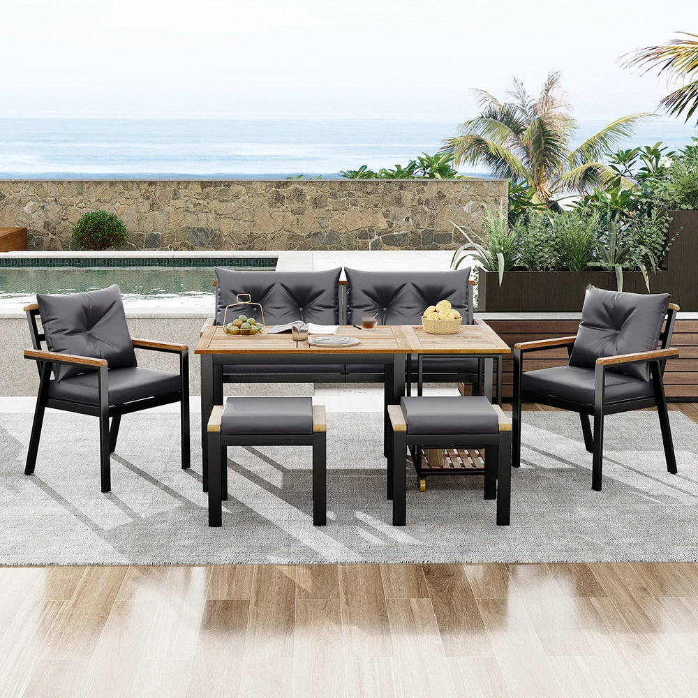 Set da giardino in acacia 6-7 posti - Xylo - Sedie + carrello pasti con fodere lavabili
