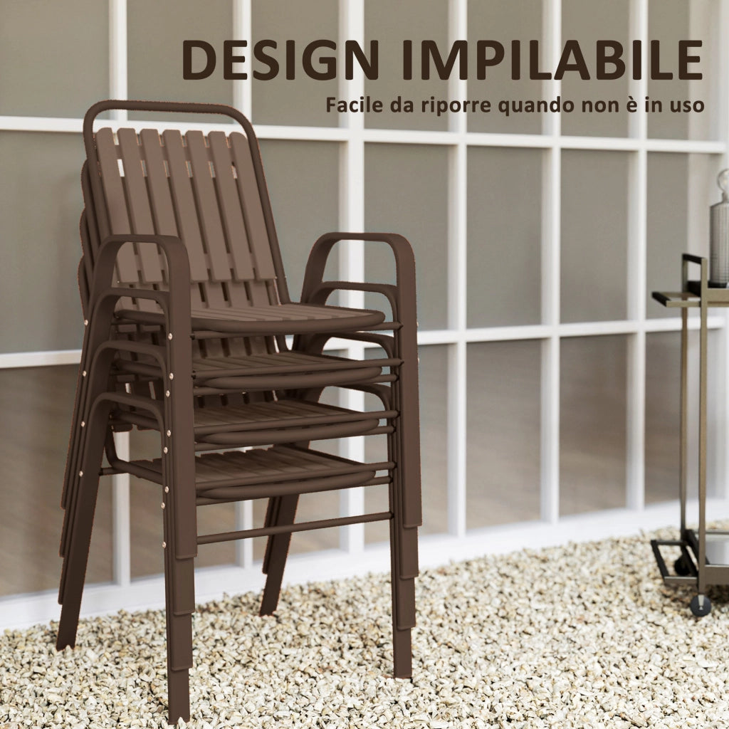 Set 4 Sedie da Giardino 56x66x91 cm Impilabili in Acciaio e PP Marrone Scuro