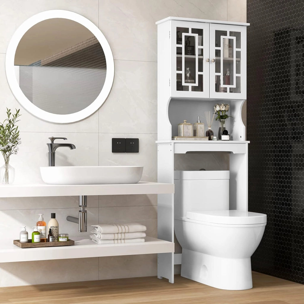Mobile Lavatrice Salvaspazio 3 Livelli, Scaffale Portaoggetti con Ripiano e Ante in Vetro Temperato, Bianco, 170,5x60x21,5cm