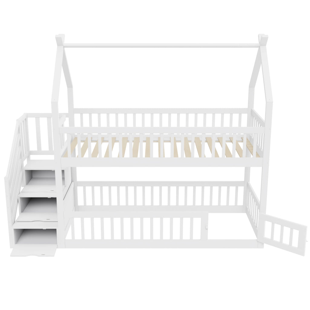 Letto a castello per bambini 90x200 cm in legno massiccio con tetto, scala con cassetti e letto inferiore multifunzionale
