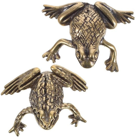 Figura di rana 2 in 1, piccolo oggetto di rana in rame dorato, figure di rana fortunate manufatte a mano, miniature, sculture animali, decorazioni per ufficio