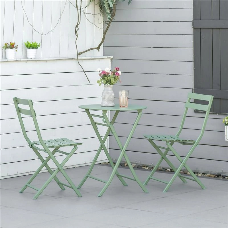 SET DA GIARDINO 3 PEZZI PIEGHEVOLI IN ACCIAIO 2 SEDIE 42X50X81 CM E TAVOLINO Ø60X71 CM VERDE
