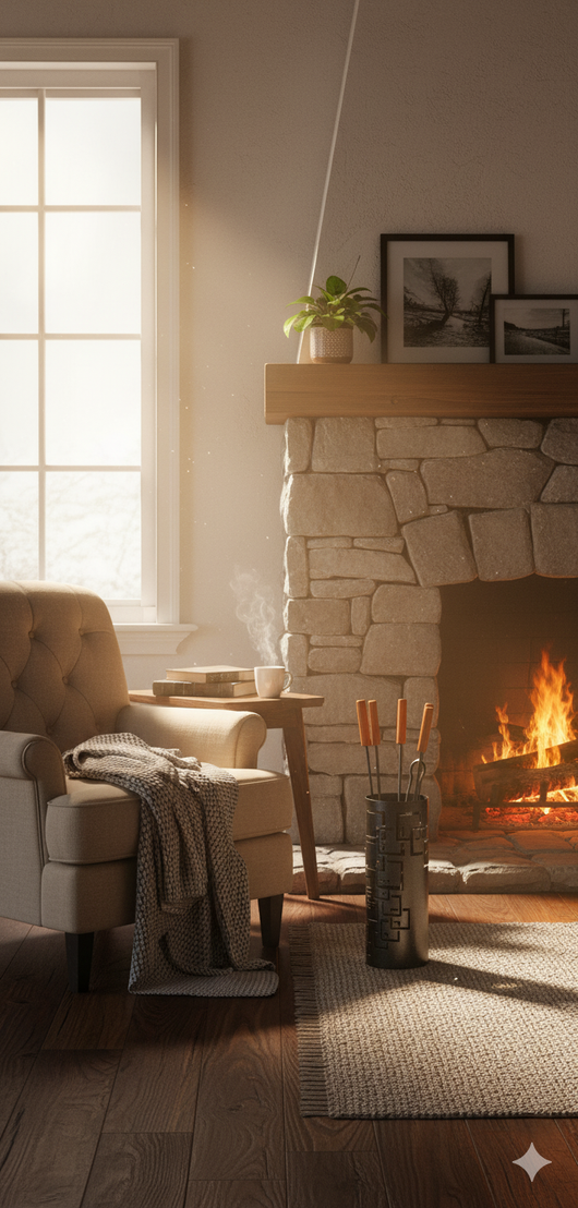 Trespolo per Attrezzi Camino Cilindrico Sagoma Quadrati con Paletta Scopino Attizzino e Pinza Ø15,2x62 cm in Ferro