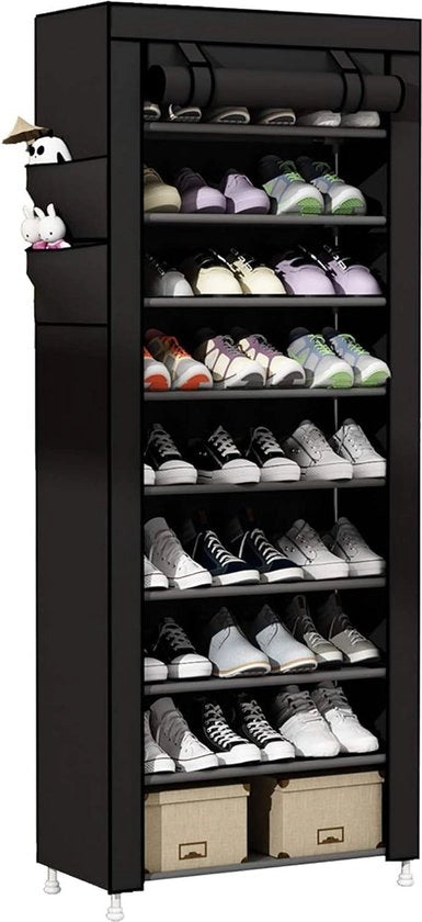Raccoglitore di Scarpe con Spazio di Stoccaggio in Tela - 9 strati - Nero - Organizzatore di Scarpe