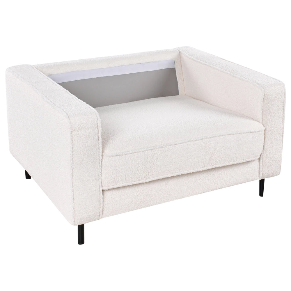 Poltrona in tessuto boucle bianco con cuscini e gambe in metallo stile moderno minimalista