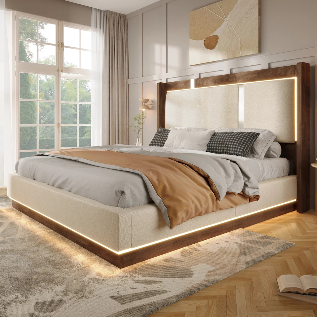 Letto matrimoniale 140 × 200 cm con LED e contenitore idraulico, senza materasso, in lino beige