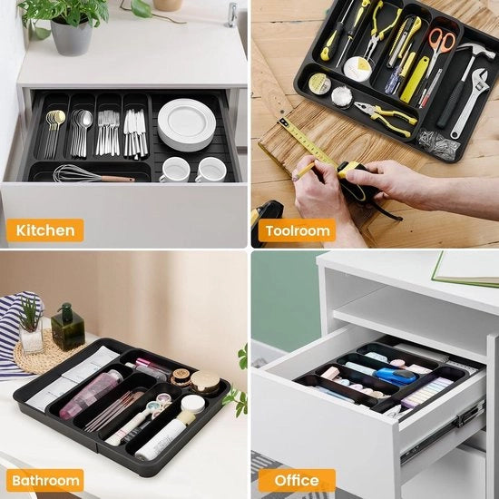 Organizzatore di posizionamento estensibile - grande contenitore per posizionamento in cucina - cassa di conservazione per cucchiai, forchette e coltelli - plastica nera