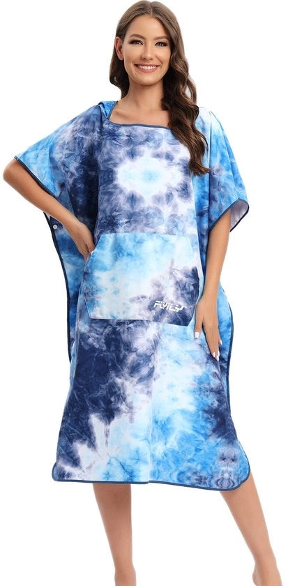 Poncho con capuchino ultraleggero e asciugamano per surf, con microfibra (BlueTiedye, L)