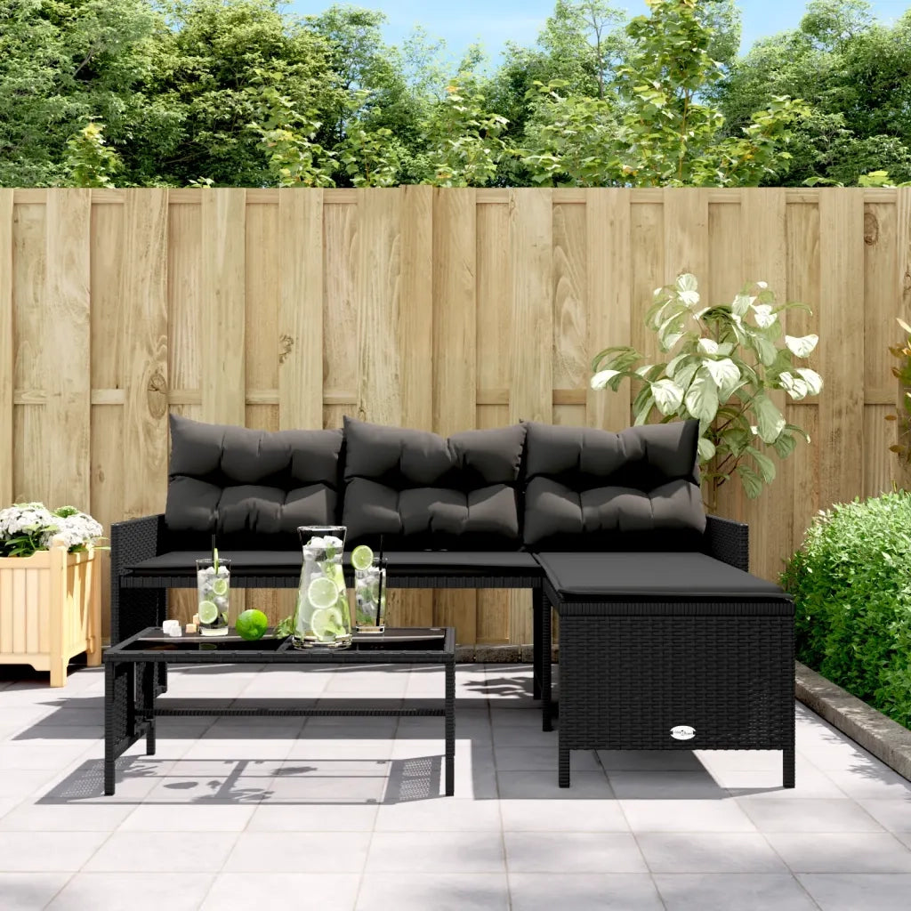 Divano da Giardino con Tavolo e Cuscini a L Nero in Polyrattan 365572