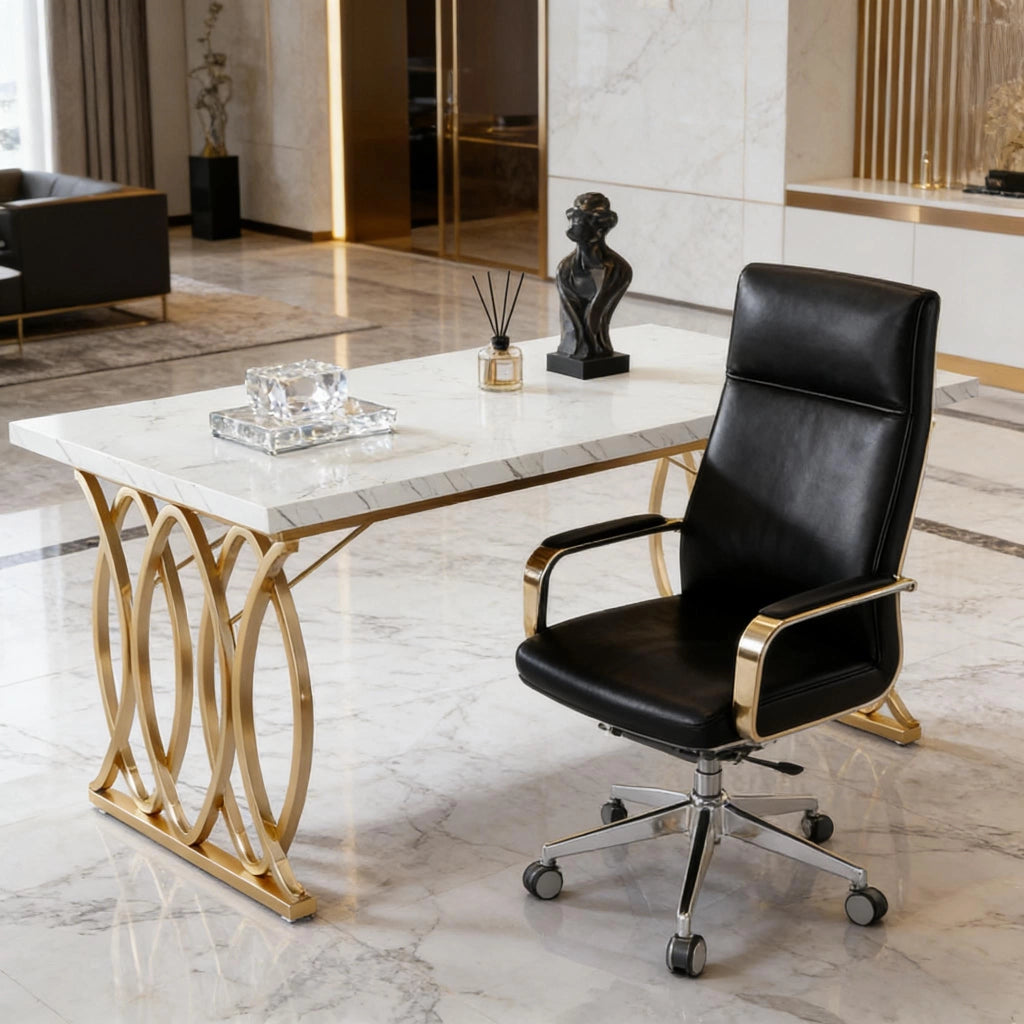 Scrivania lineare con piano effetto marmo e struttura in metallo per ufficio e sala riunioni oro e bianco 160 × 80 cm