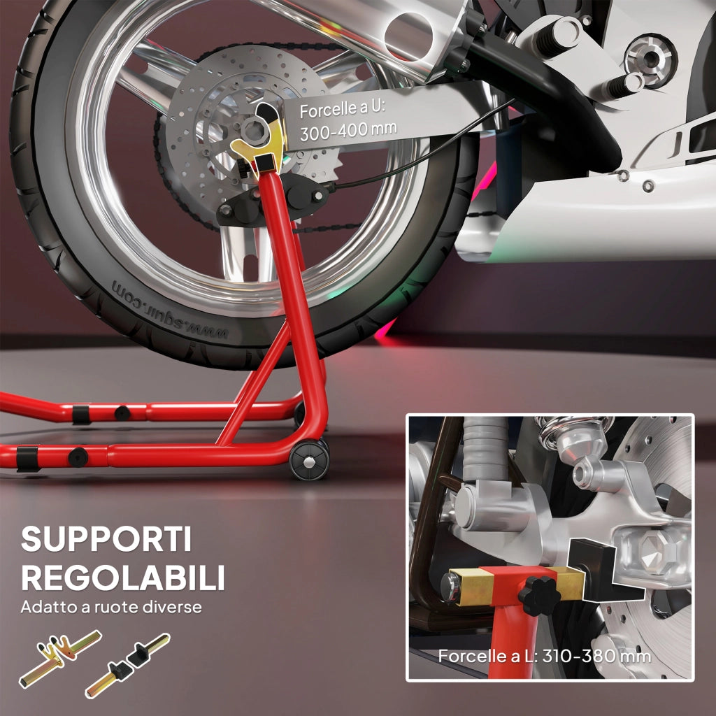 Cavalletto per Moto con Capacit¨¤ di 544 kg, Forcelle Regolabili a U e L, Rotelle e Cuscinetti Antiscivolo, Rosso