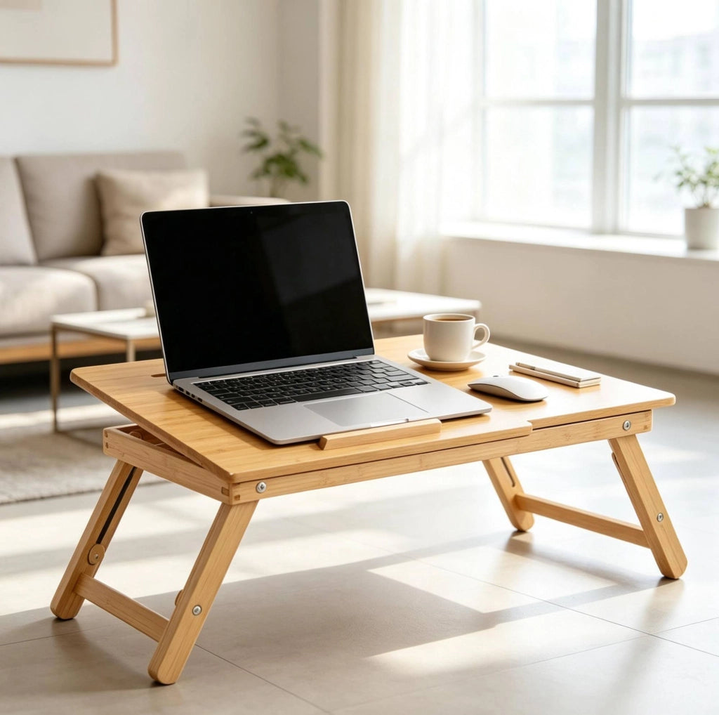 Tavolino da letto 55x35 cm naturale in bambù, regolabile e pieghevole