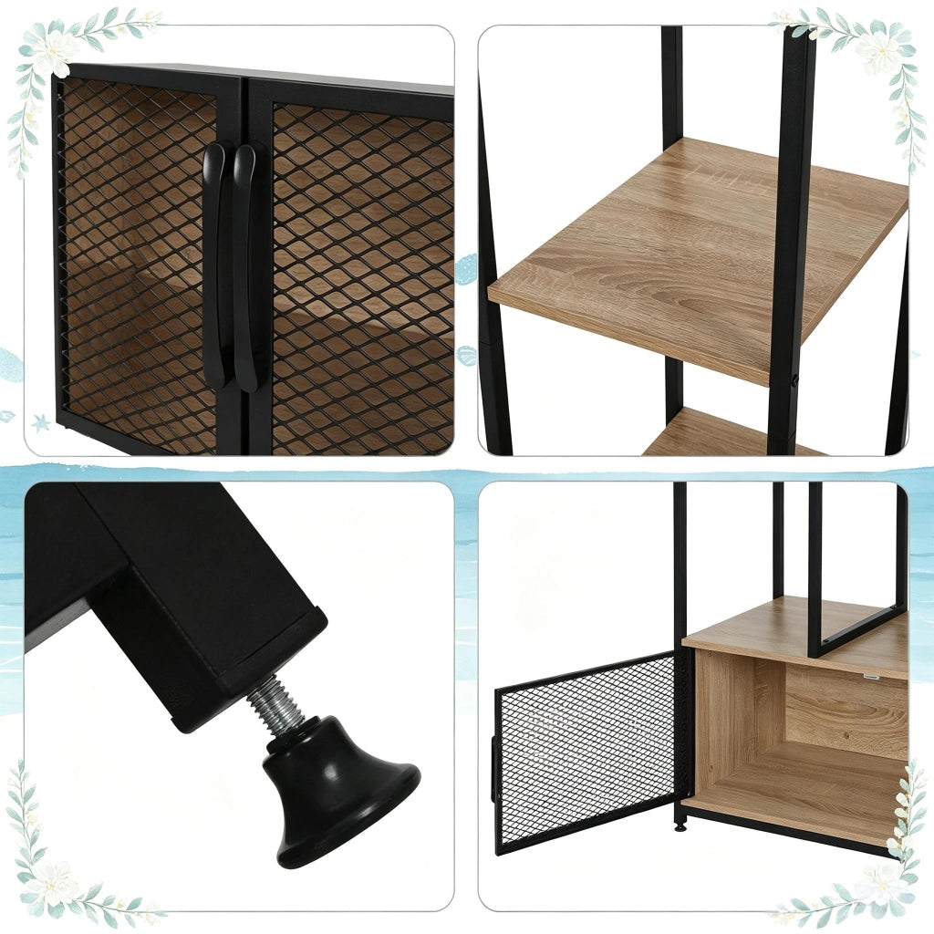 Appendiabiti aperto in MDF e metallo con ripiani, 90x40x167 cm, design industriale, nero e rovere chiaro