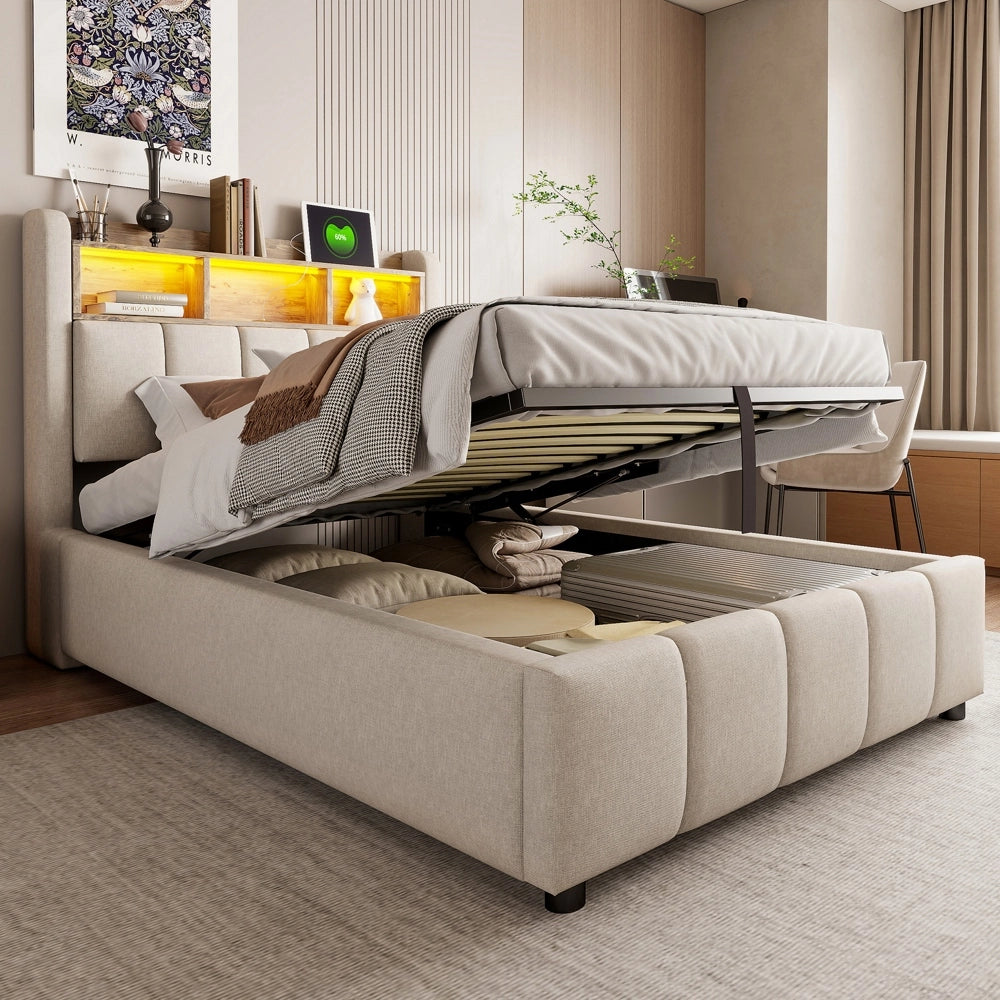 Letto bambino-Xylo-90x200 cm-LED, USB, ripiani, idraulico, lino beige