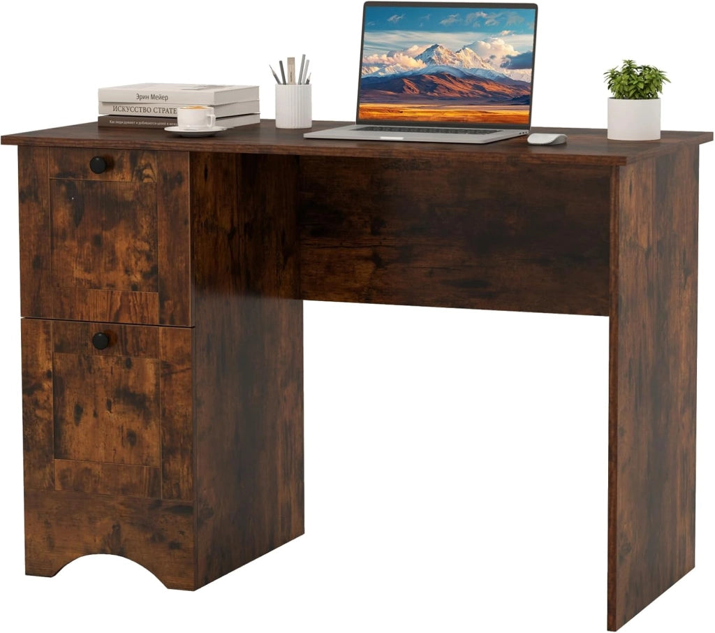 Scrivania per computer in legno con 2 cassetti, 109 x 50 x 75 cm, tavolo da lavoro salvaspazio, scrivania per ufficio, camera da letto (marrone rustico)
