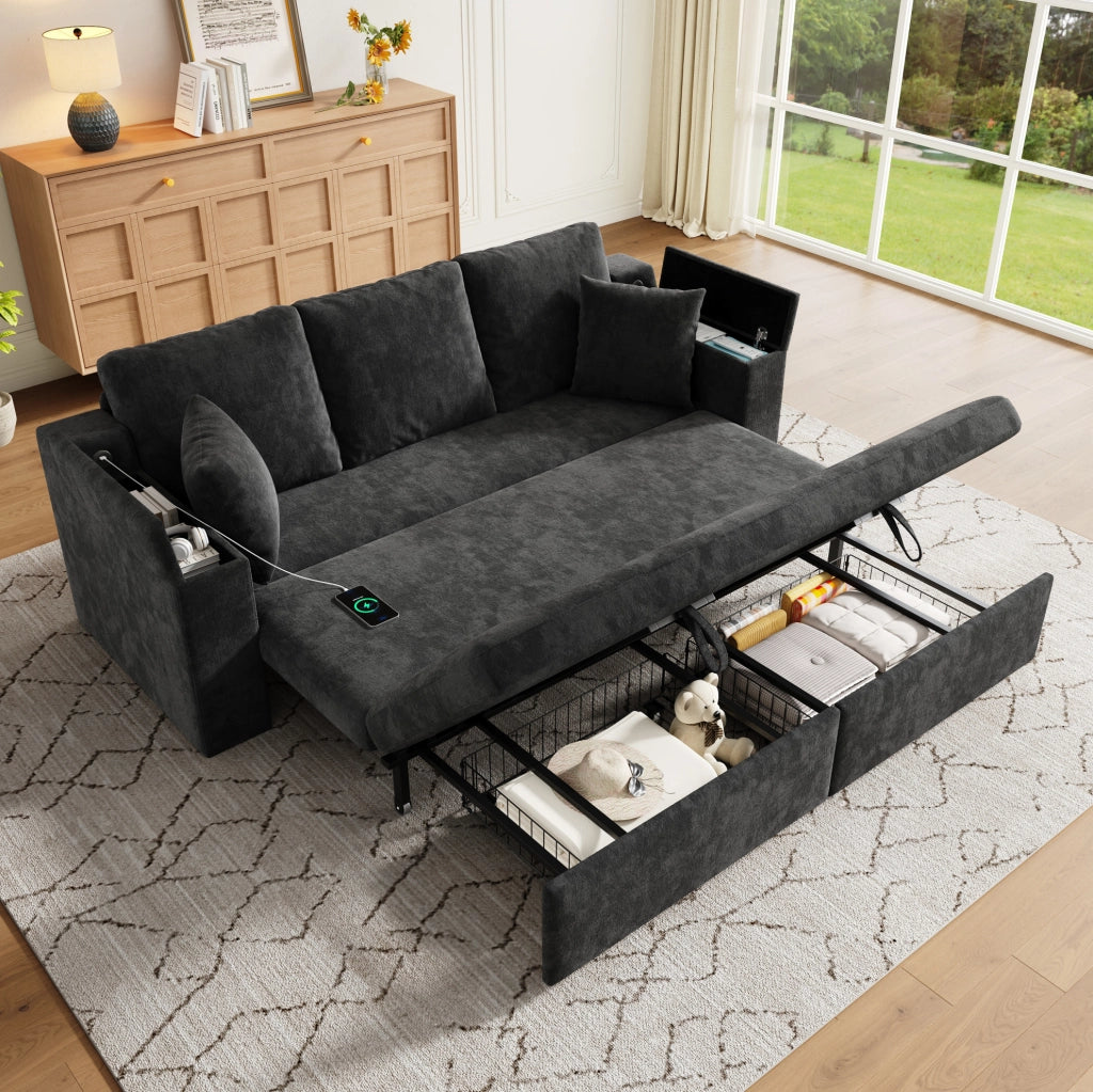 Divano 3 posti trasformabile con funzione letto; USB e Type-C; 210;5 x 192 x 93 cm; grigio