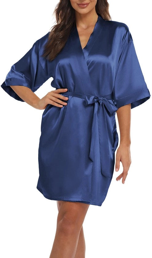 Kimono da notte con tasche e cinturino per donne, con collo V e maniche 3/4, in seta, colore blu, per donne, per la notte, per il matrimonio, per il party, per l'estate.