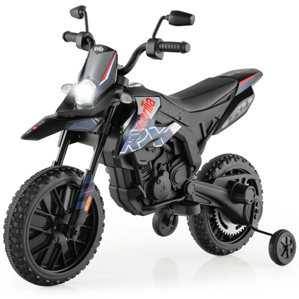 Moto cavalcabile per bambini con licenza aprilia e 2 ruote aggiuntive, Moto elettrica 12V con musica Blu-Moto elettriche