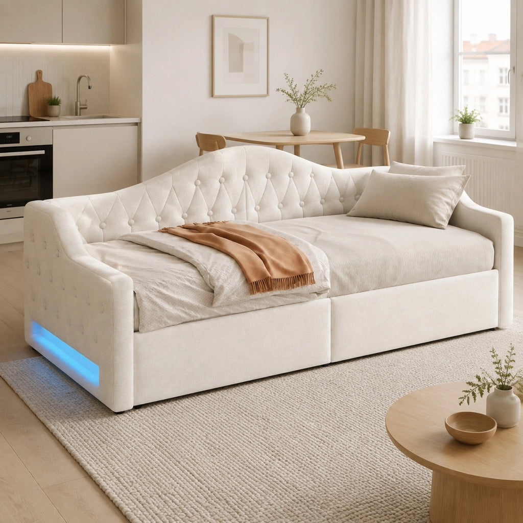 LETTO DA GIORNO 90x200 cm Imbottito Beige con LED e vano contenitore