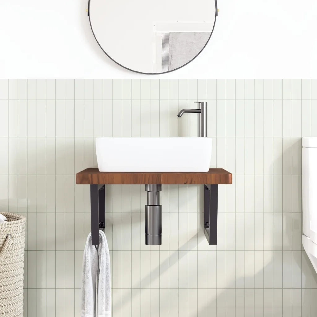 Ripiano a Parete per Lavabo-Mensole a Muro in Acciaio e Massello di Rovere 691453
