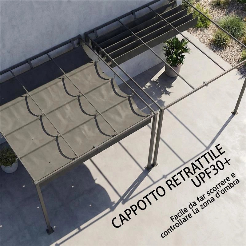 PERGOLA ADDOSSATA 3X3 M CON TETTO RETRATTILE SCORREVOLE UV30+ E FORI DI DRENAGGIO, GRIGIO SCURO