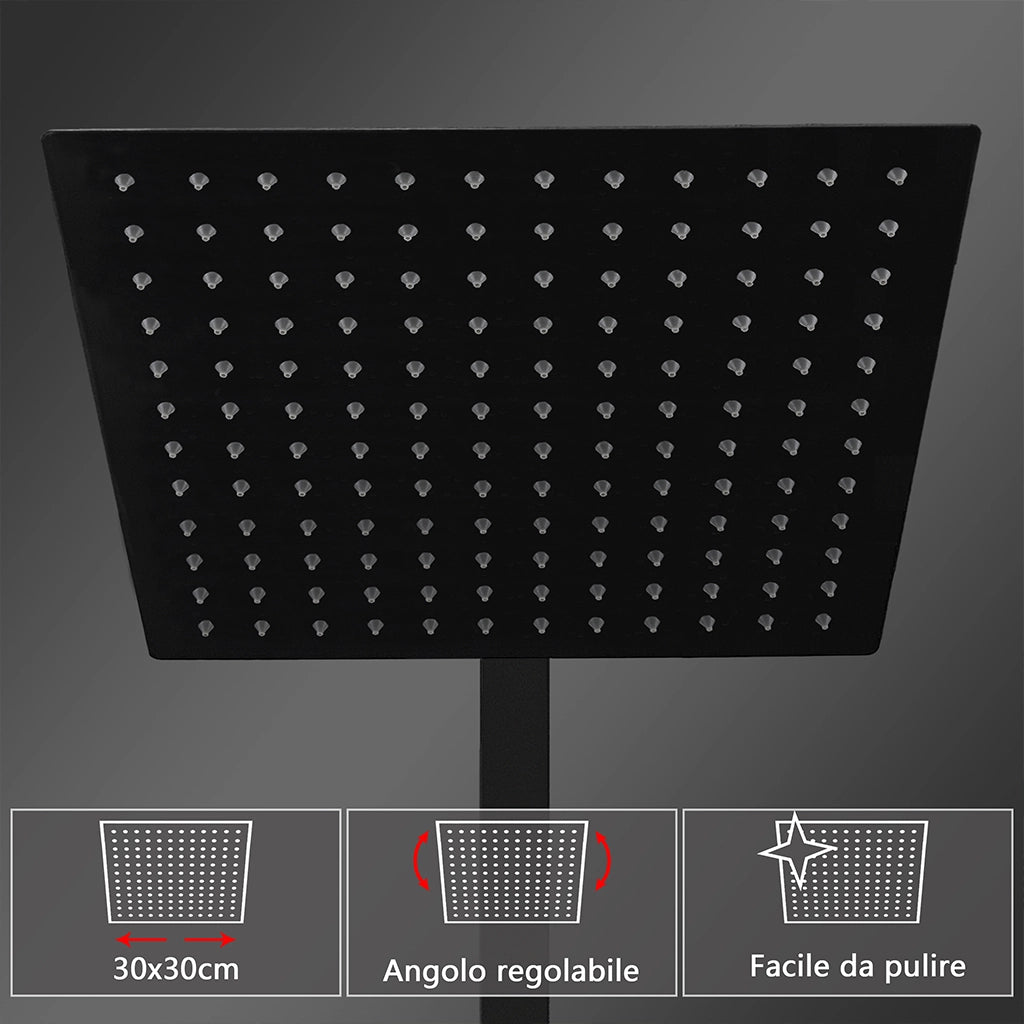 Grande soffione doccia 30x30cm con miscelatore termostatico e doccetta a 3 modi di getti, nero