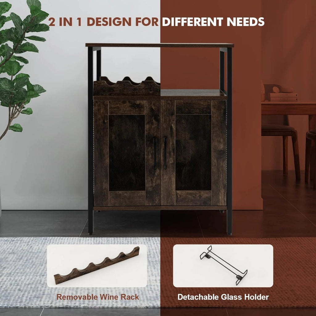 Cantinetta Porta Bottiglie da Vino, Credenza Industriale con 5 Portabottiglie Rimovibili, con Porta in Metallo a Rete Metallica, 60x34x79cm (Marrone)