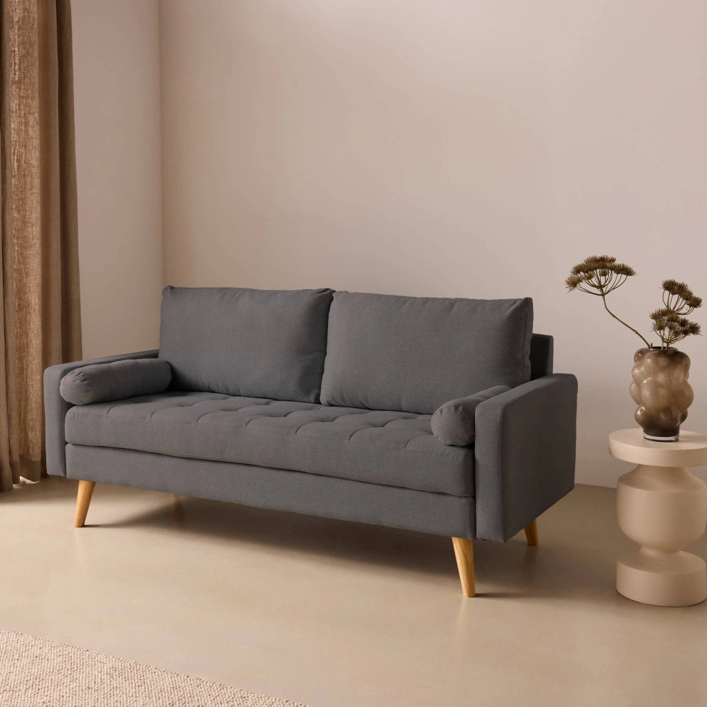 Divano in stile scandinavo in tessuto semplice, 3 posti, grigio scuro