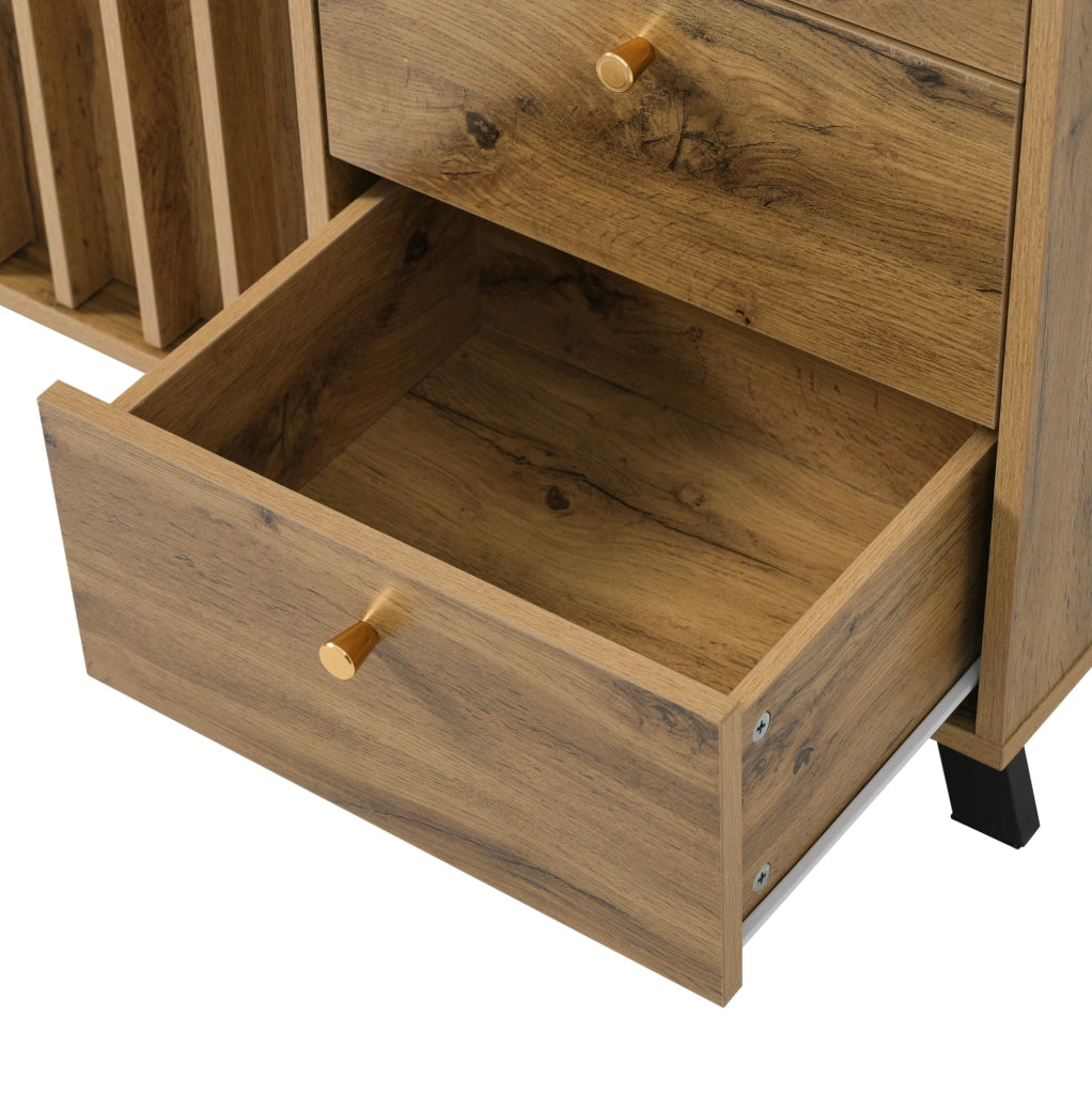 Credenza 120x40x85 cm con 3 cassetti; 2 ante e vano aperto in legno rovere scuro