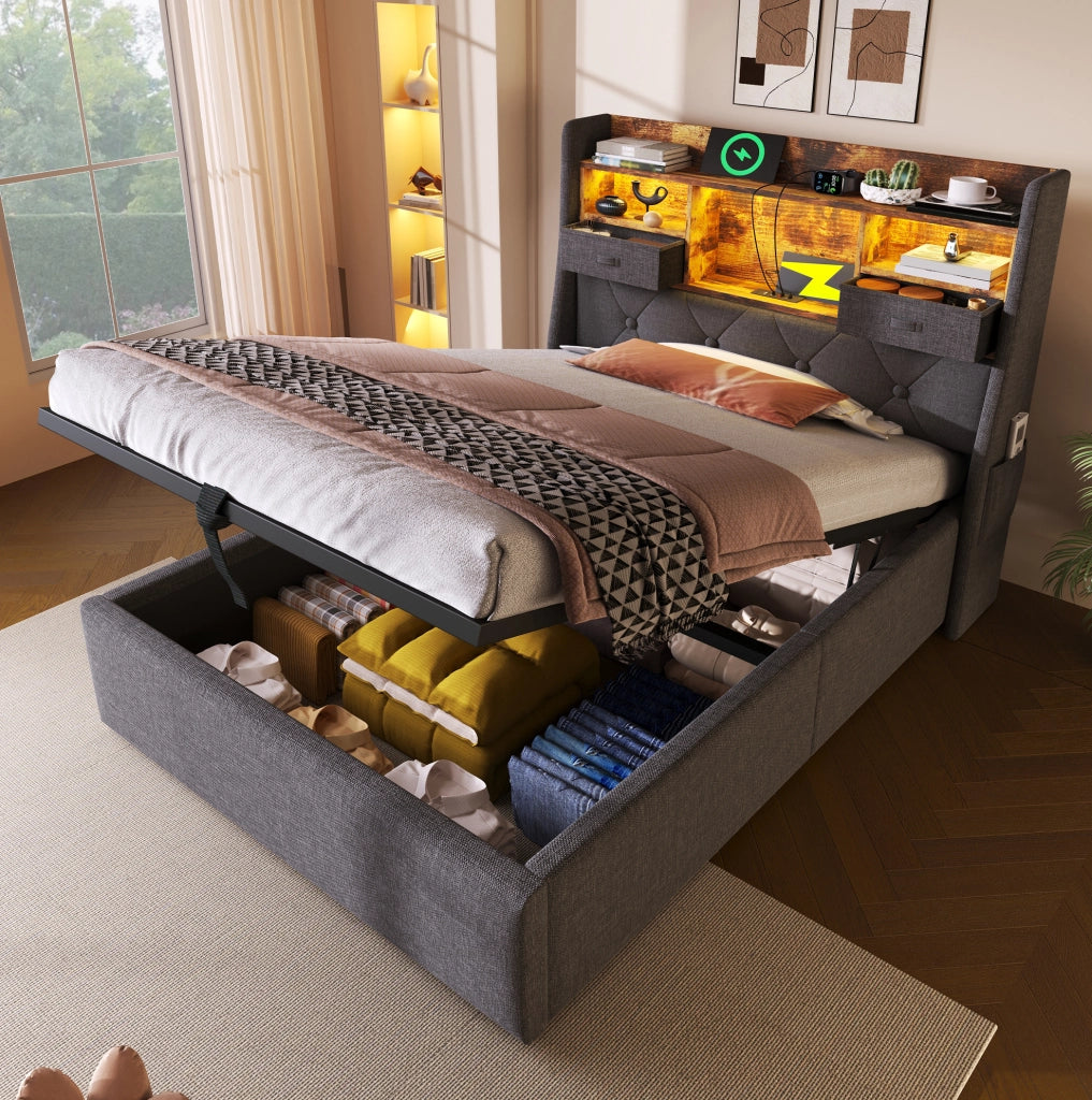 Letto imbottito grigio con contenitore, LED e ricarica integrata