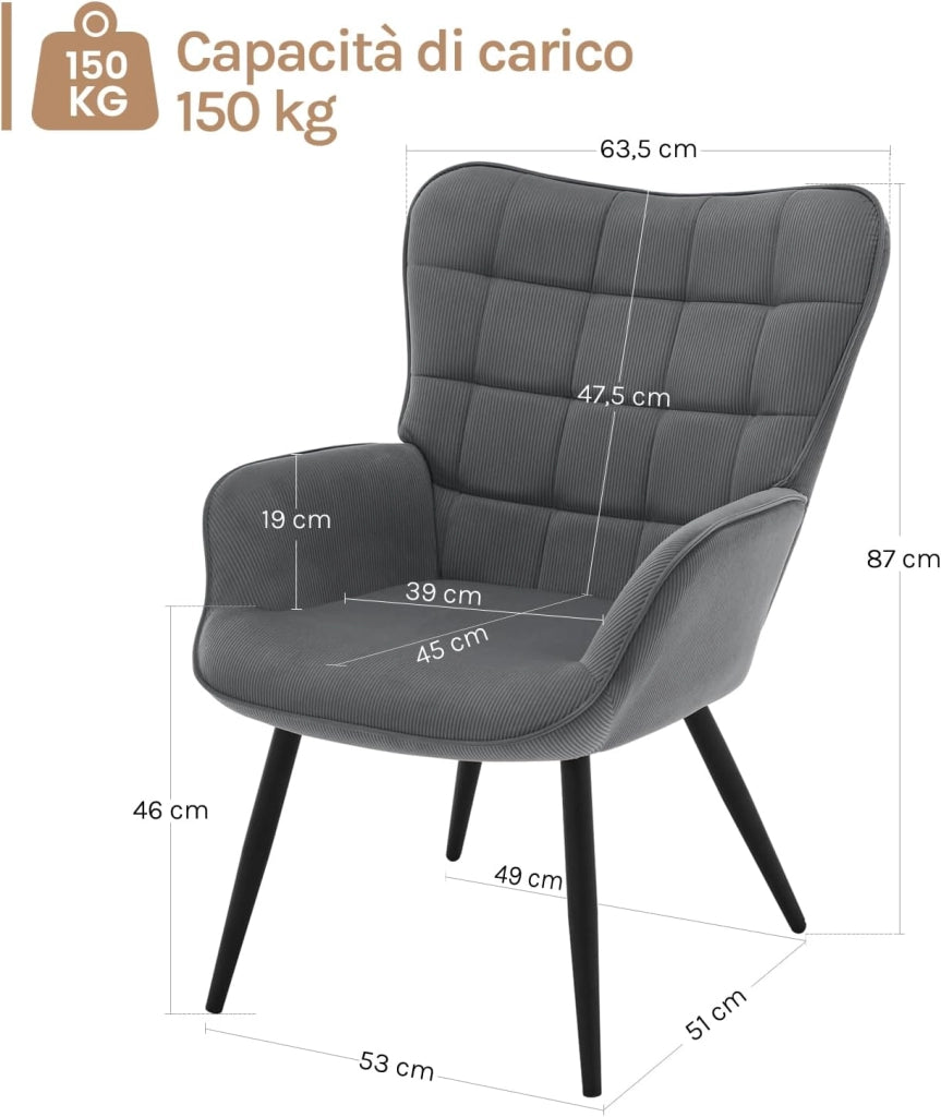 Poltrona Relax ad Ala, Poltrona Salotto Braccioli Alti, Sedia Poltrona per Camera da Letto, Soggiorno, Sedile in Velluto a Coste, Gambe in Metallo, Motivi a Quadri, Grigio Scuro, SKS31dgr