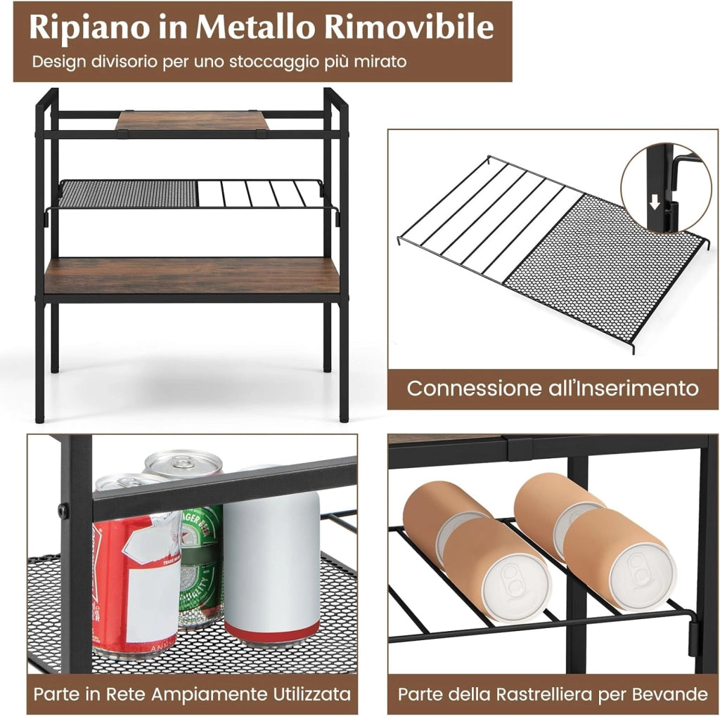 Tavolino Basso da Divano a 3 Livelli con Struttura in Metallo, Pannello Rimovibile, Ripiano in Rete e Piedini Regolabili, Tavolino Industriale da Salotto, Ingresso e Studio