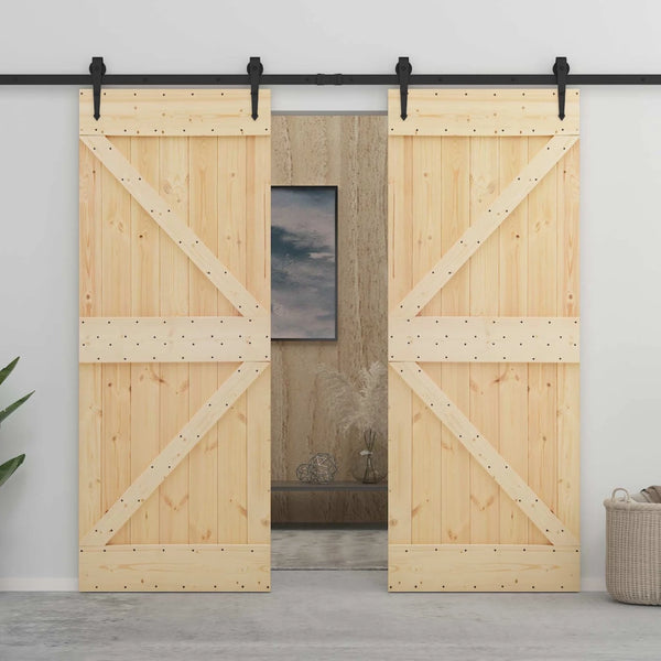 Porta scorrevole 2 pcs Naturale e Nero Legno Massello di Pino 3444884