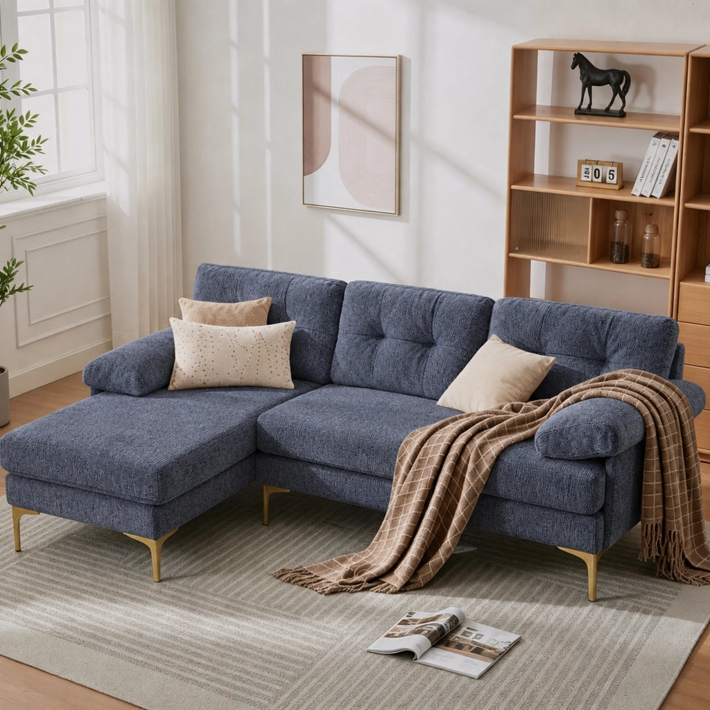 Divano angolare 3 posti convertibile con chaise longue reversibile e braccioli imbottiti in tessuto ciniglia blu 187.5 × 130 × 79 cm