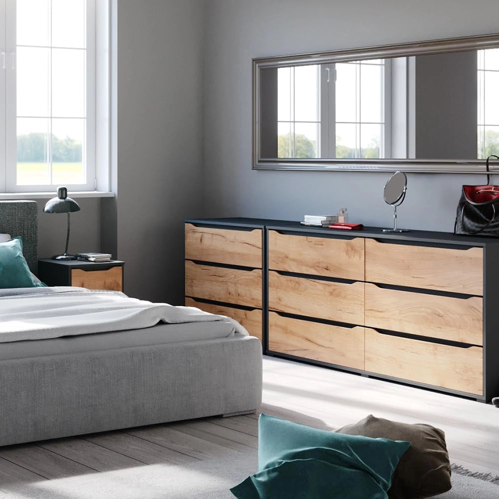 Credenza Ruben, Quercia dorata, 48 x 77.6 cm con cassetti, per riporre abiti e oggetti di uso quotidiano