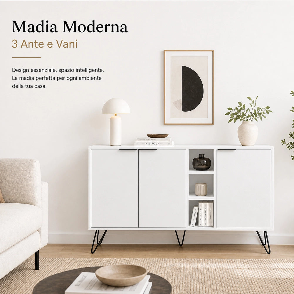 Madia Moderna Credenza con 3 Ante e Vani a Giorno 142x83 cm Zaffiro di Bianco