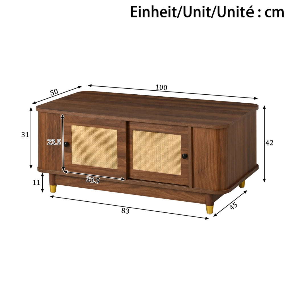 Tavolino da salotto con porte scorrevoli in rattan; vano contenitore; MDF; noce