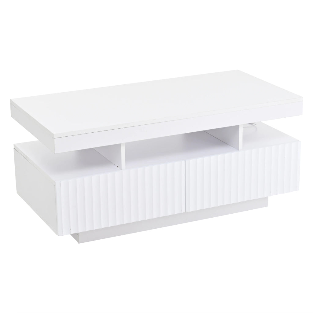 Tavolino da caffè con 2 cassetti; vano aperto e striscia LED - per soggiorno - 100×50×45 cm - in truciolare - bianco
