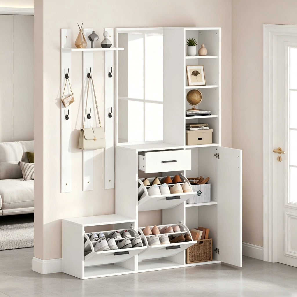 Mobile da ingresso con scarpiera; specchio e appendiabiti 120x30x178 cm in MDF e truciolare bianco