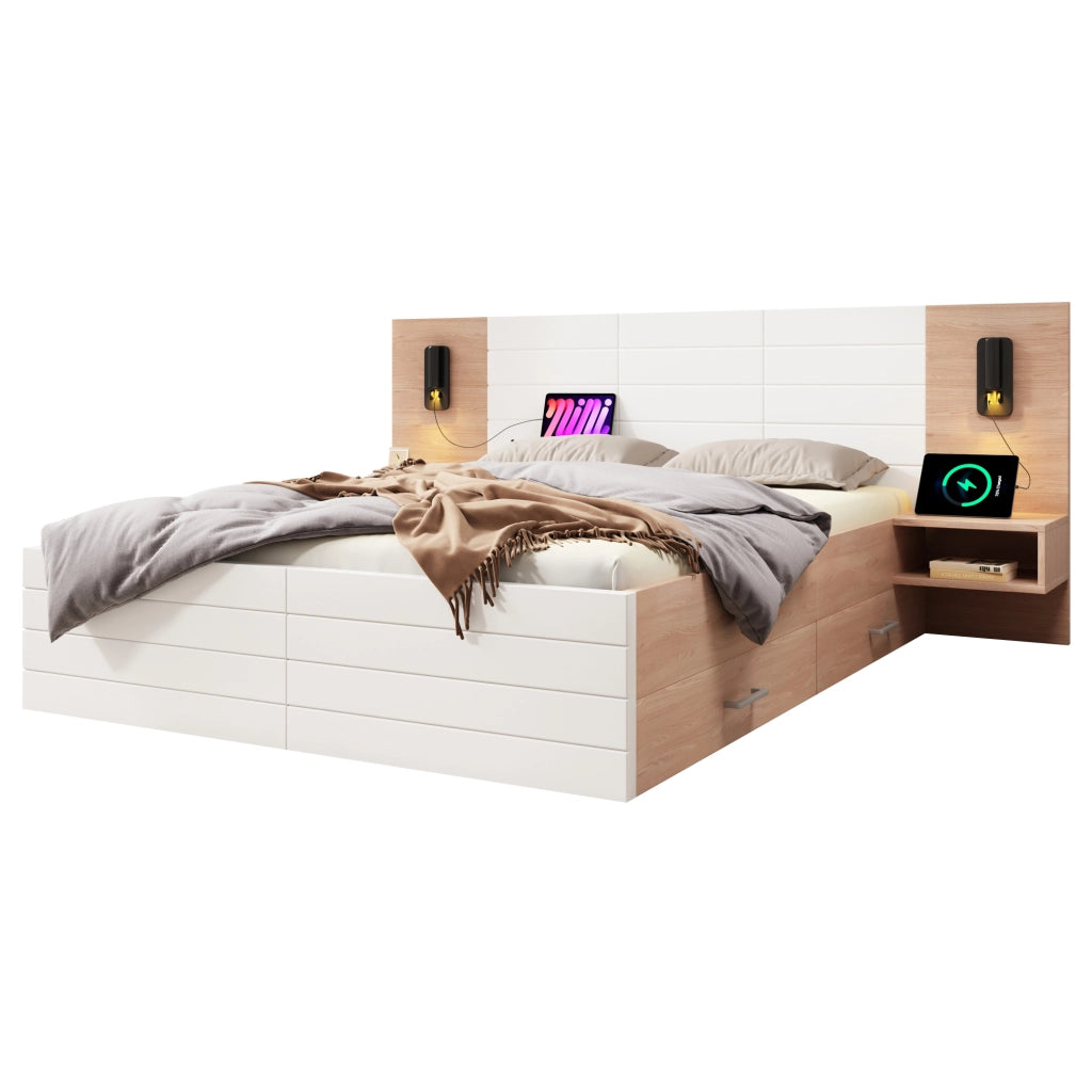 Letto matrimoniale 180x200 cm in legno massello e MDF con 2 cassetti, luci da lettura e USB, colore bianco e rovere