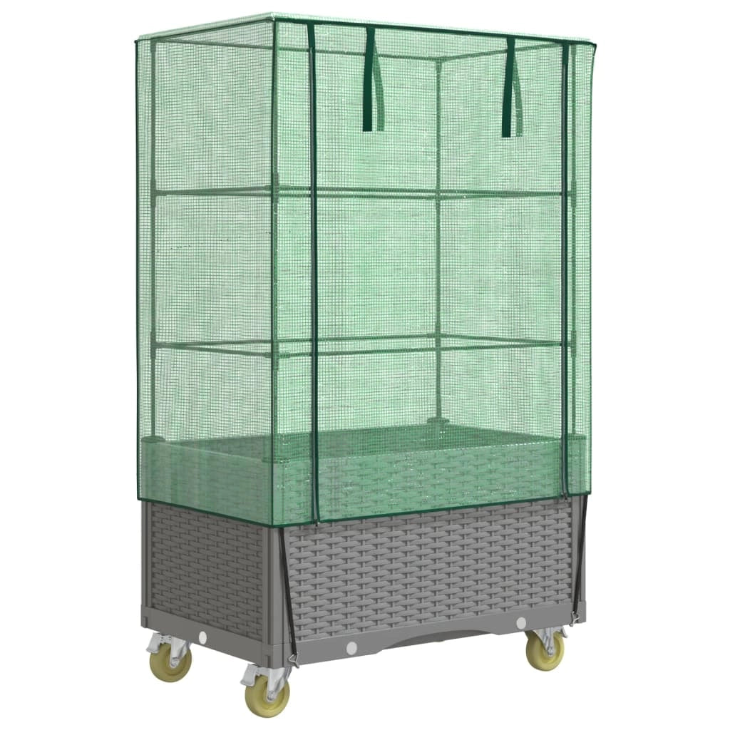 Aiuola rialzata/fioriera con copertura e ruote effetto rattan grigio chiaro 02_0038798