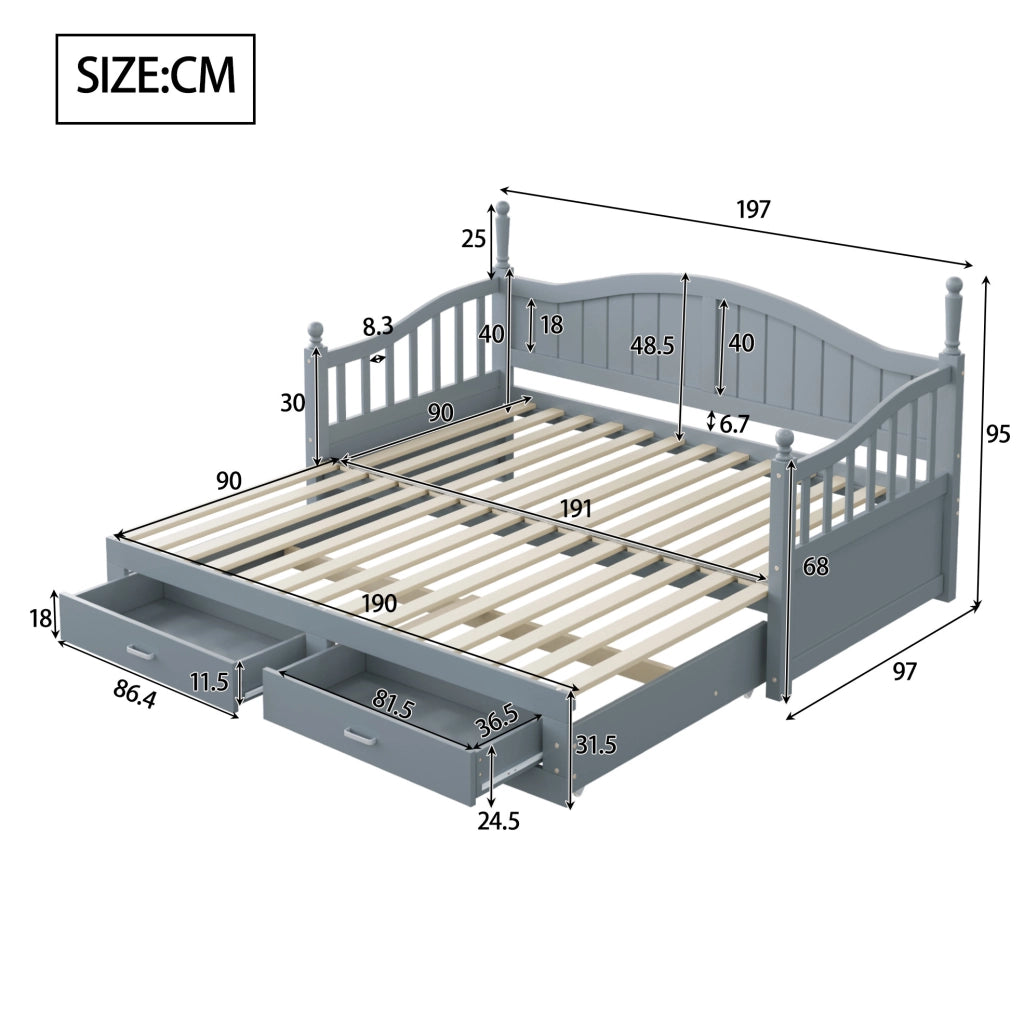Divano letto estraibile 90/180x190 cm con 2 cassetti; legno di pino grigio